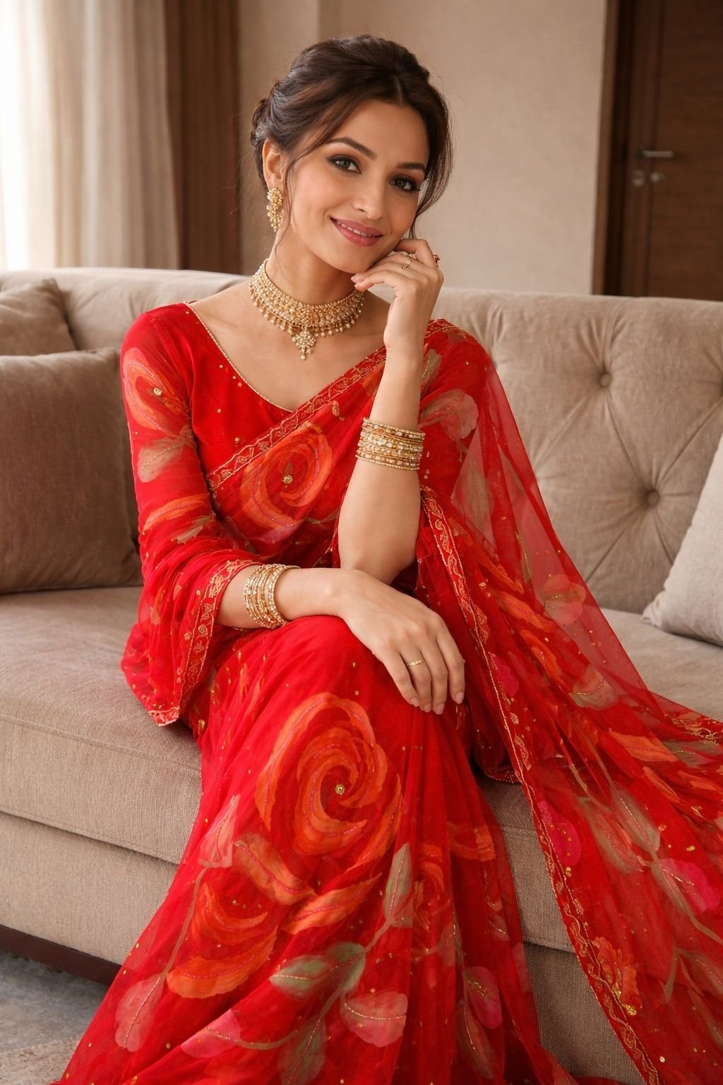 Red georgette saree - Image 1