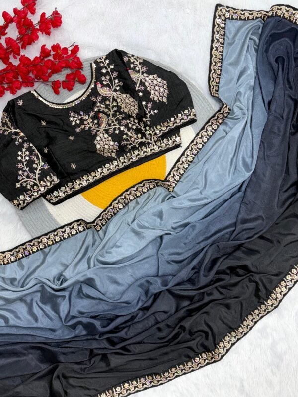 Dual shaded chinon silk saree with stitched blouse - Image 10