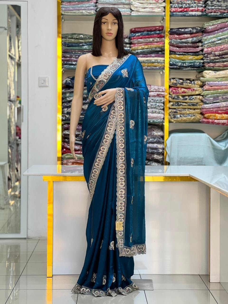 Embroidered Fandy satin silk sarees - Image 3