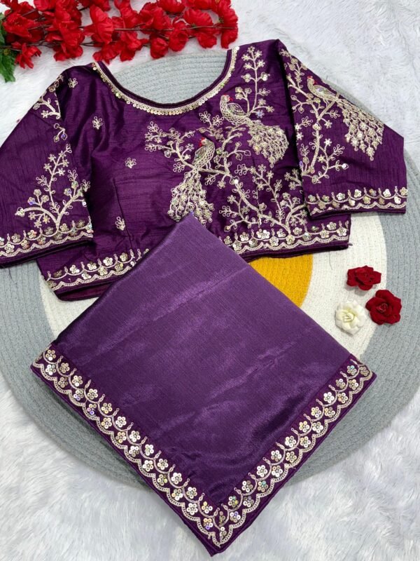 Dual shaded chinon silk saree with stitched blouse - Image 3