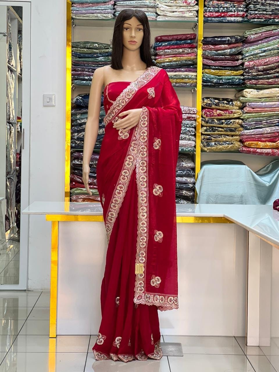 Embroidered Fandy satin silk sarees - Image 4