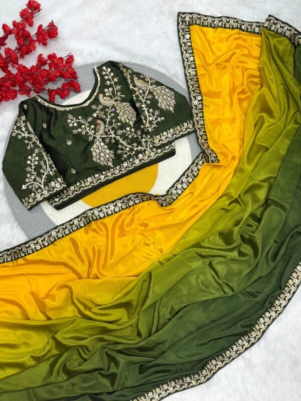 Dual shaded chinon silk saree with stitched blouse - Image 6