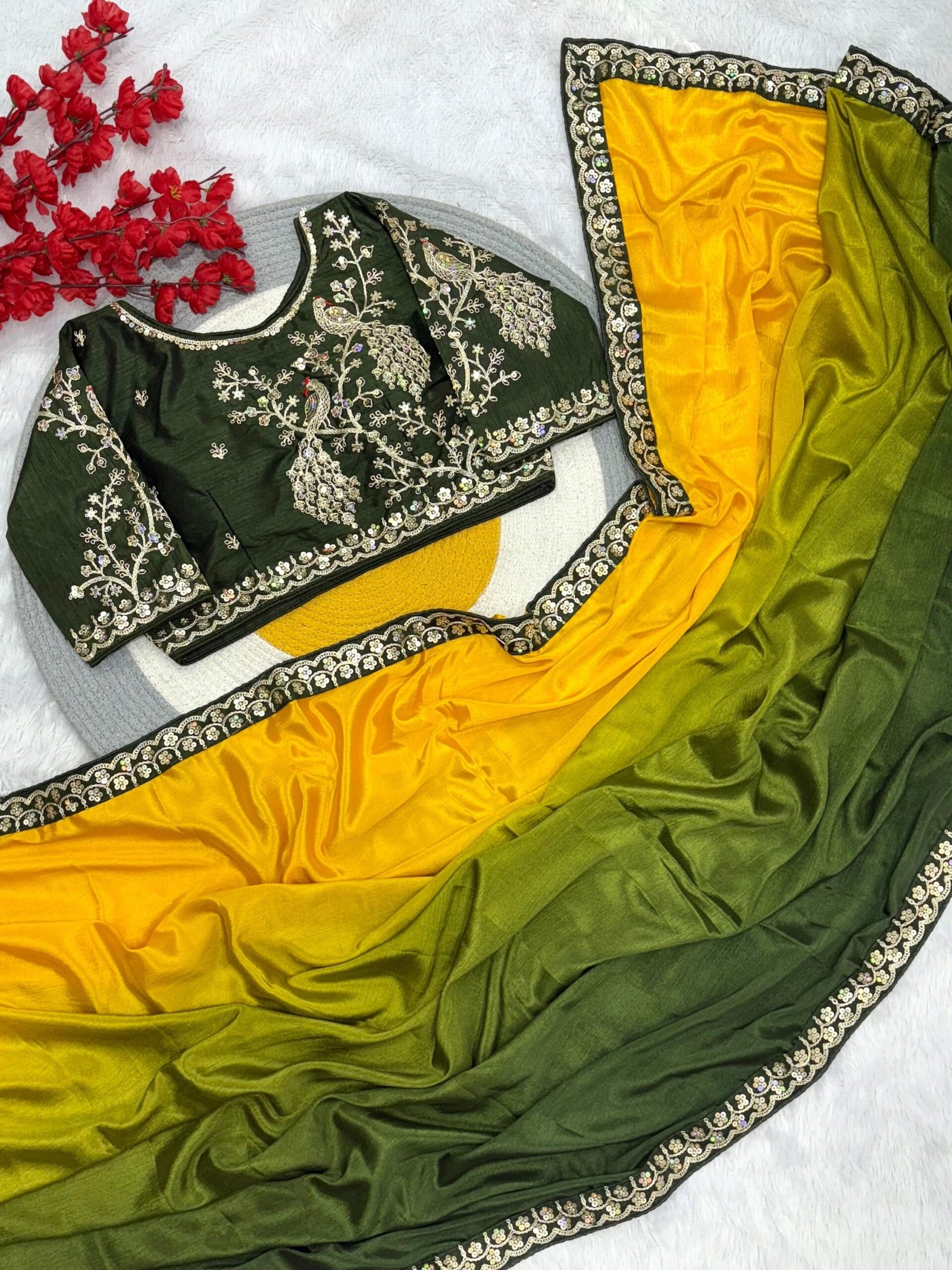 Dual shaded chinon silk saree with stitched blouse - Image 6