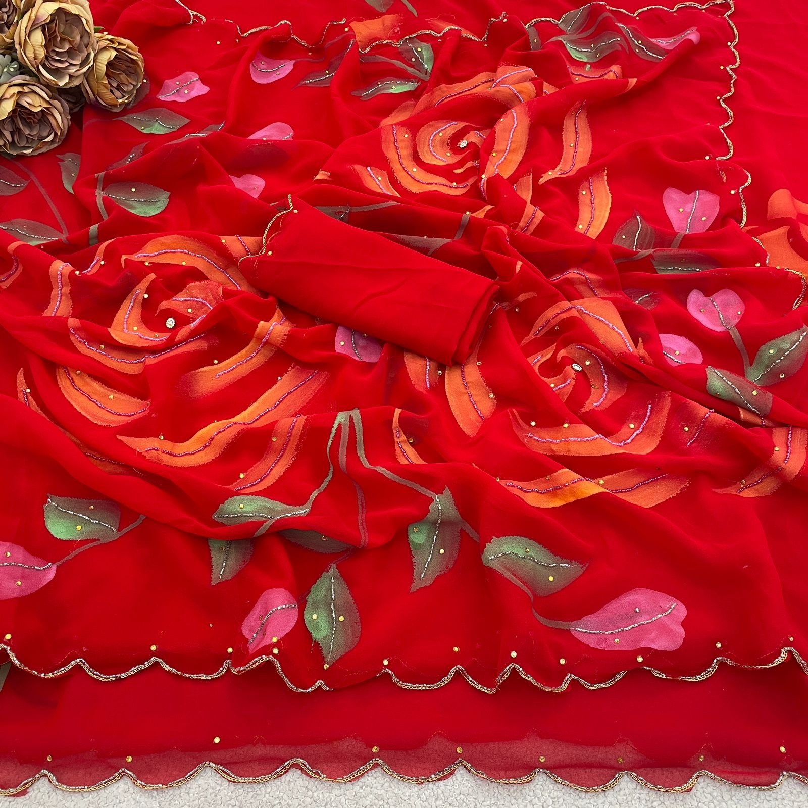 Red georgette saree - Image 2