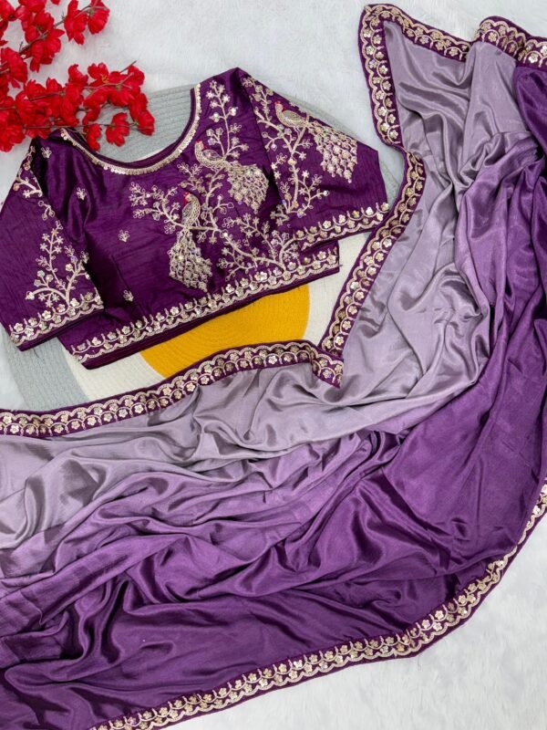 Dual shaded chinon silk saree with stitched blouse - Image 9