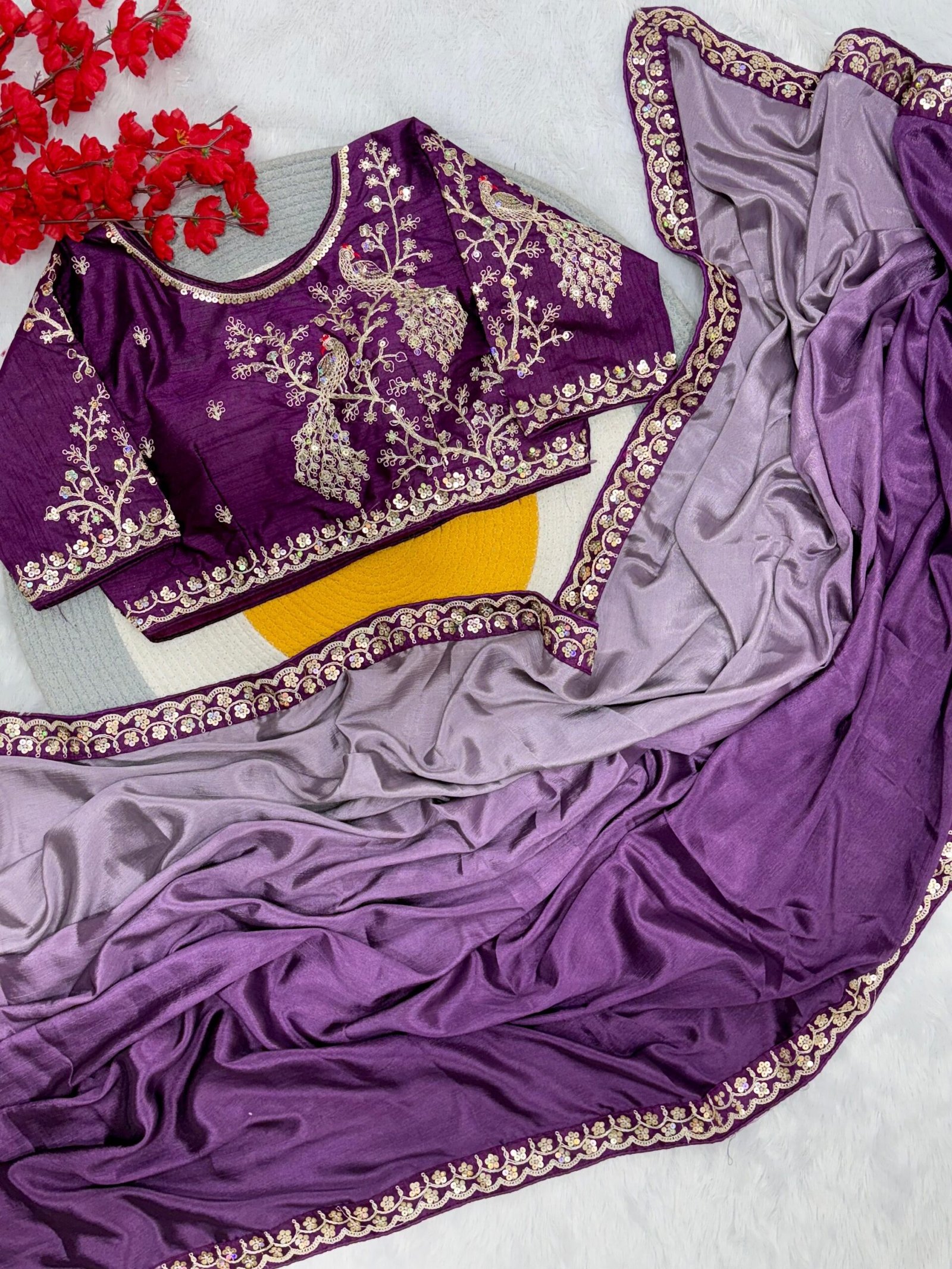 Dual shaded chinon silk saree with stitched blouse - Image 9