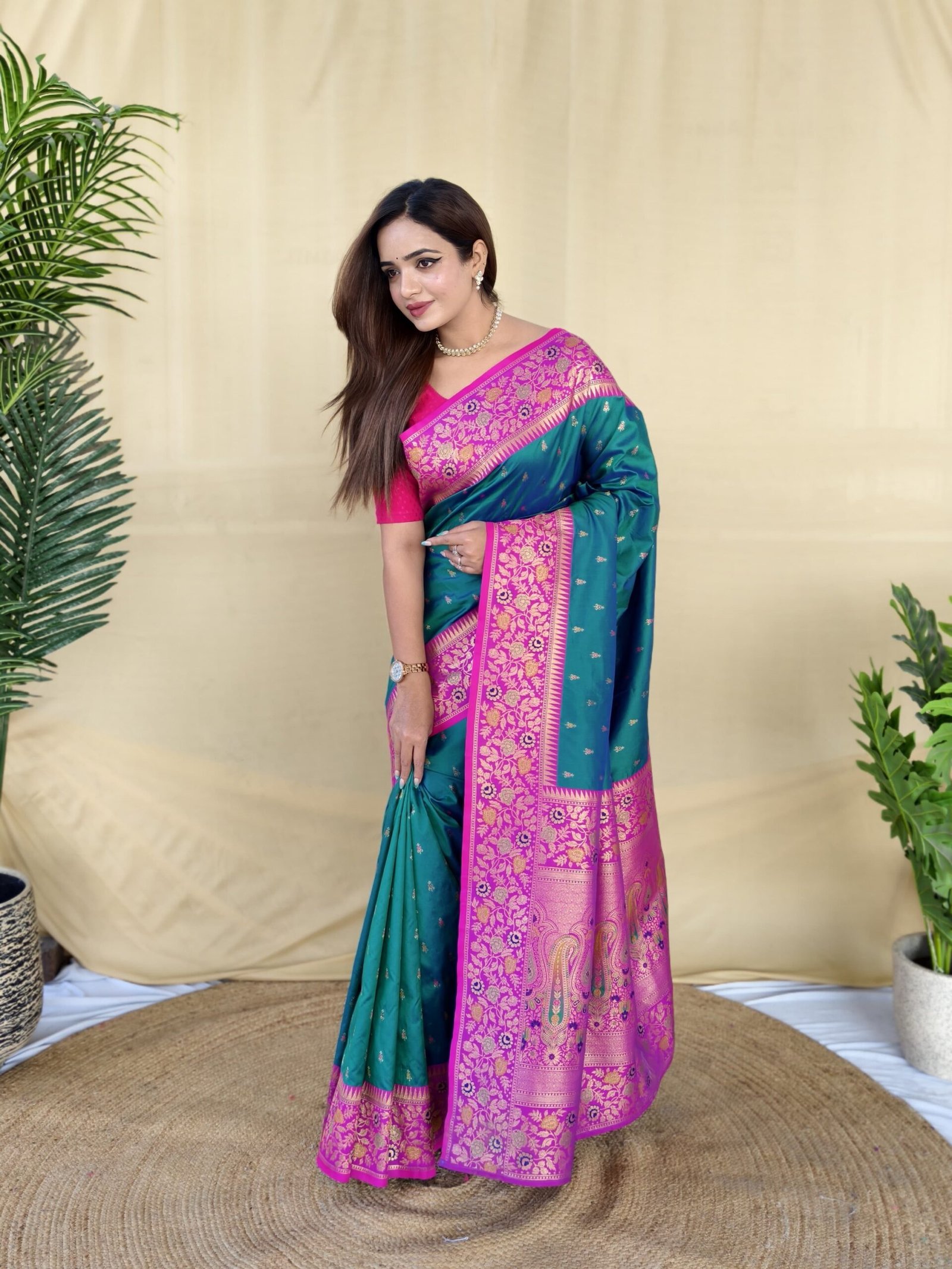 Teal Green Soft Silk Saree - Image 2