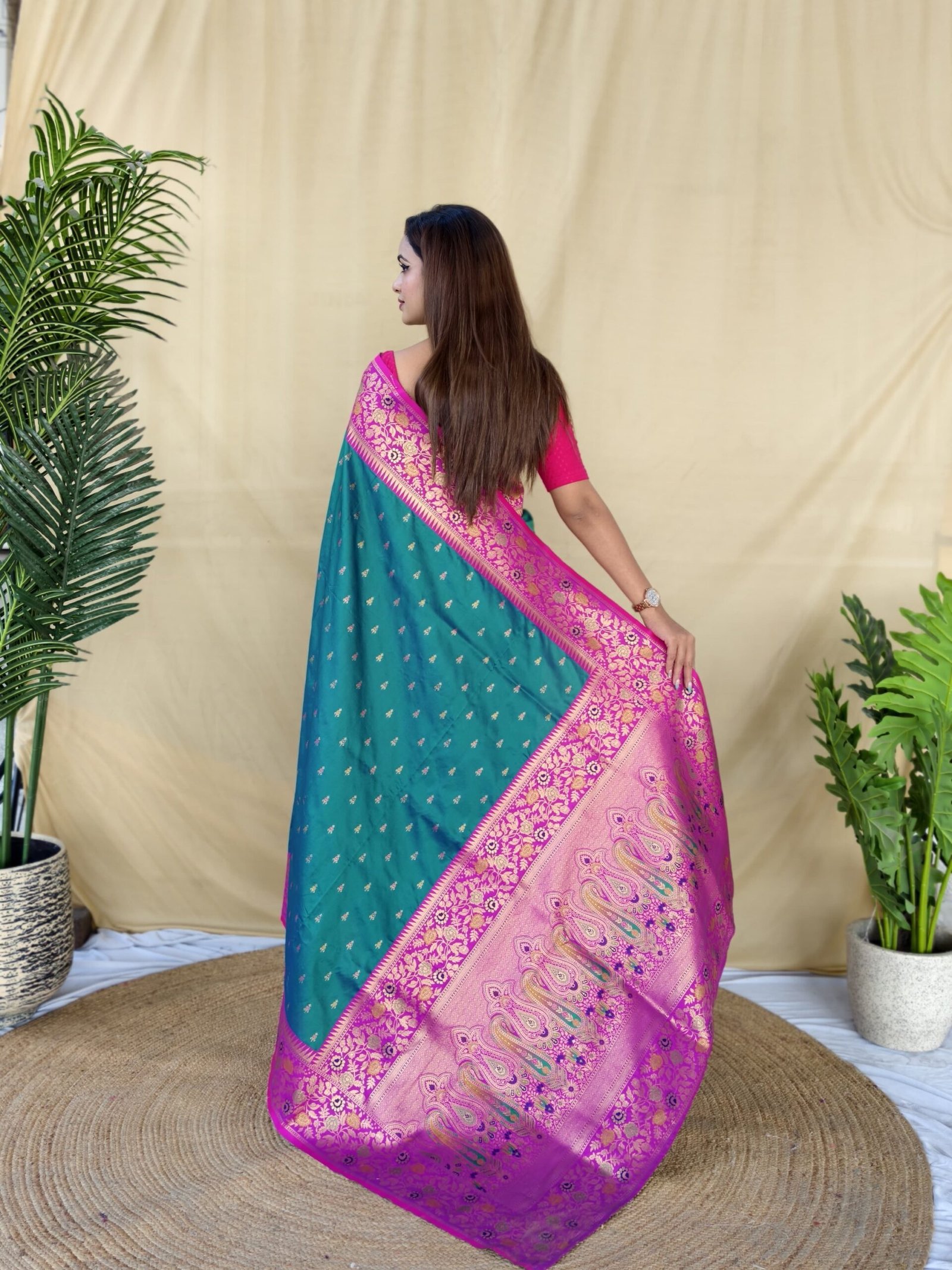 Teal Green Soft Silk Saree - Image 5
