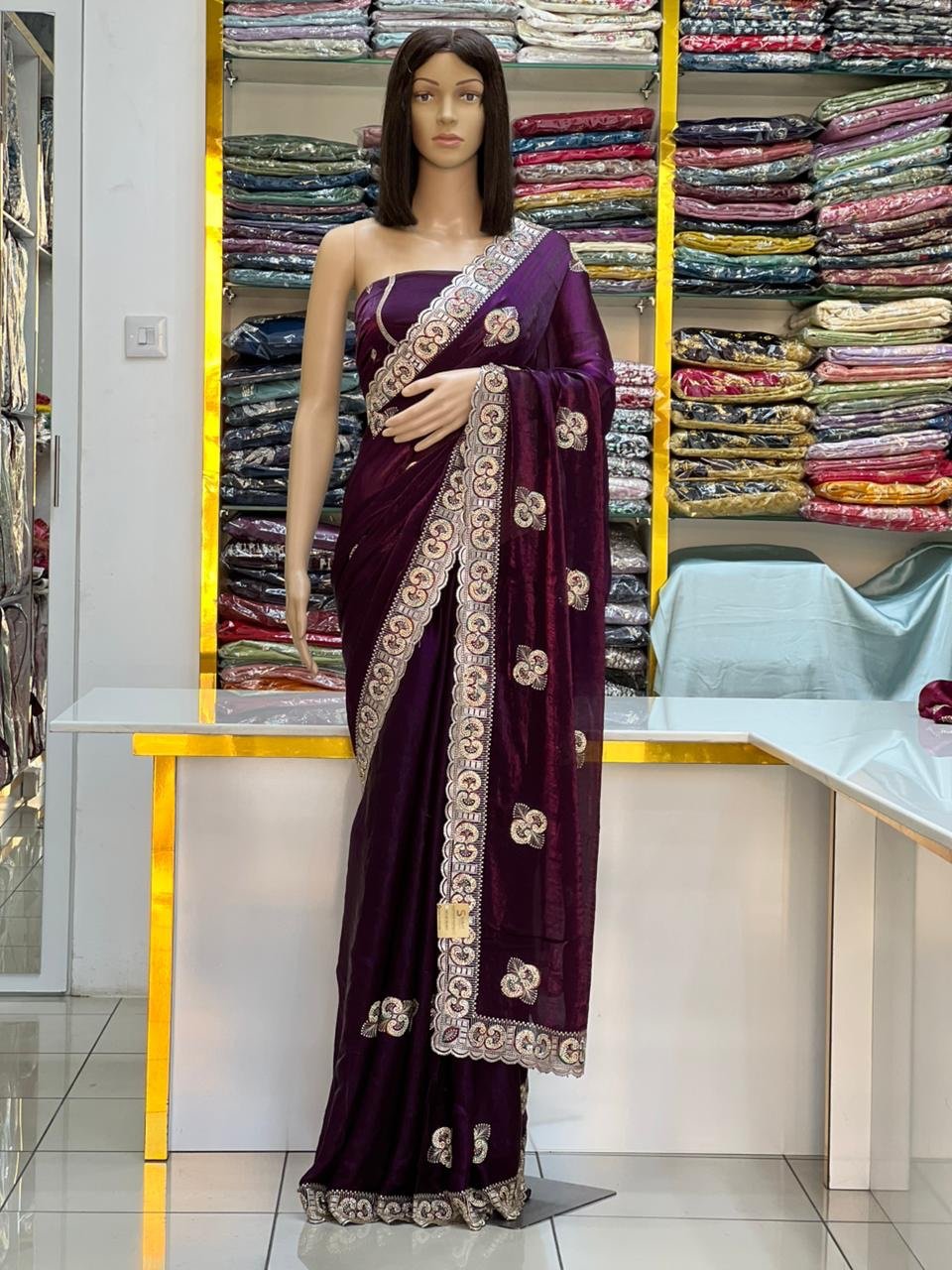 Embroidered Fandy satin silk sarees - Image 1