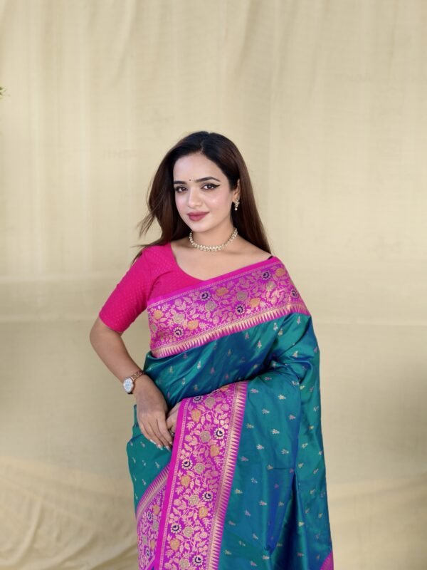Teal Green Soft Silk Saree - Image 4