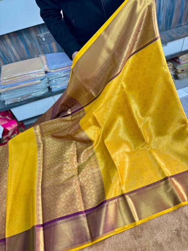 Yellow banarasi katan silk saree - Image 2