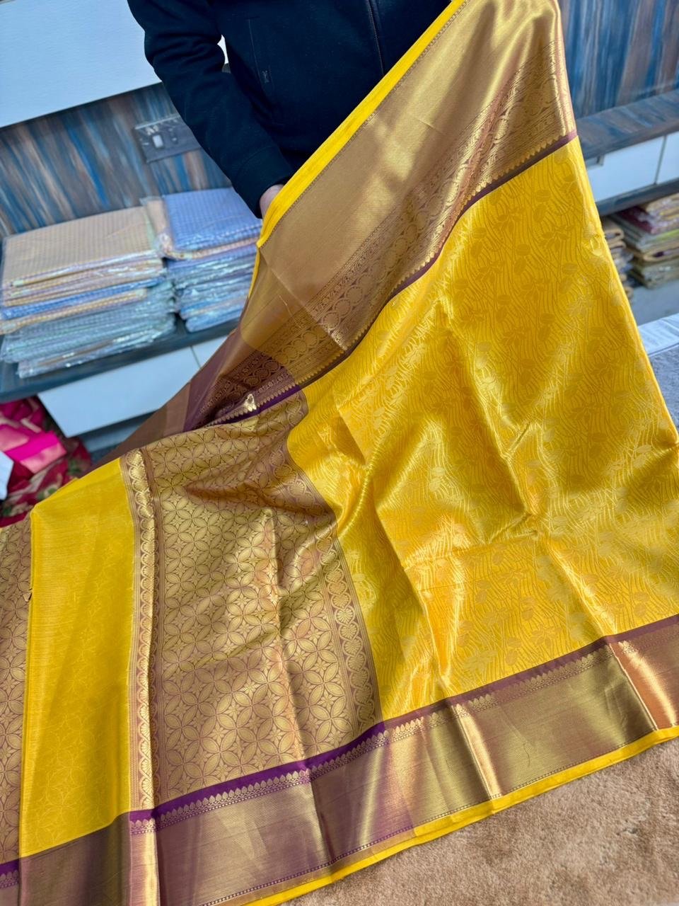 Yellow banarasi katan silk saree - Image 2