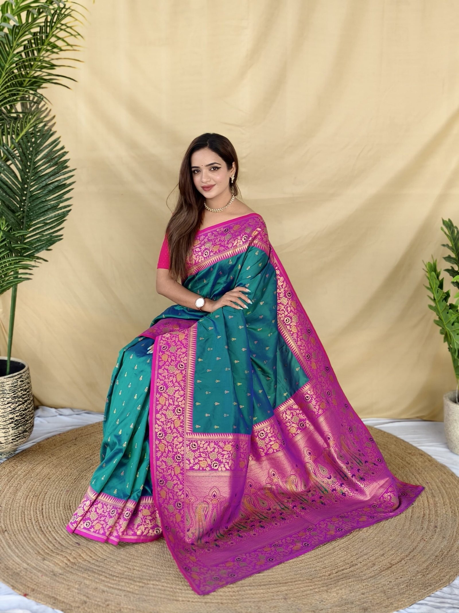Teal Green Soft Silk Saree - Image 6