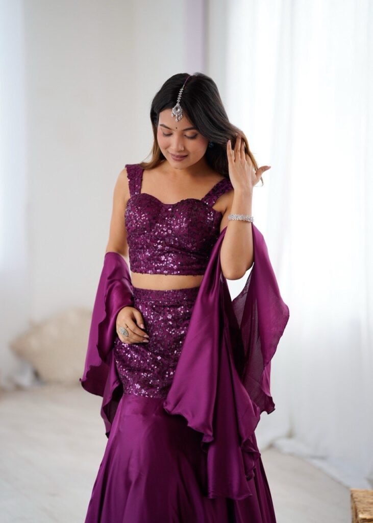 Wine purple net lehenga