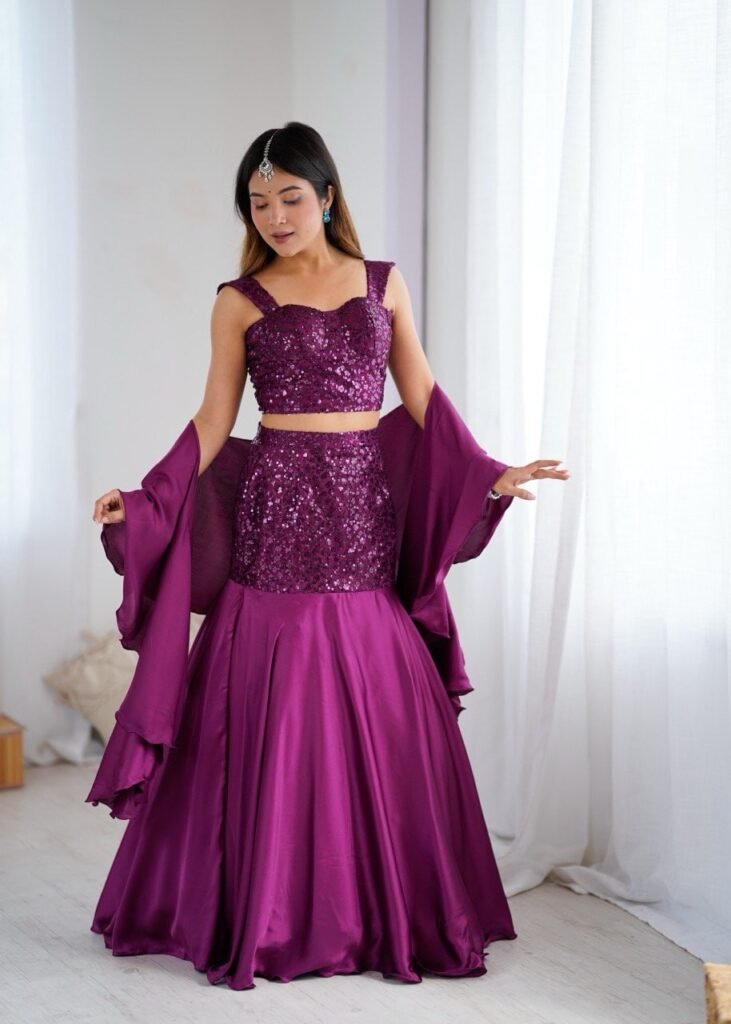 Wine purple net lehenga