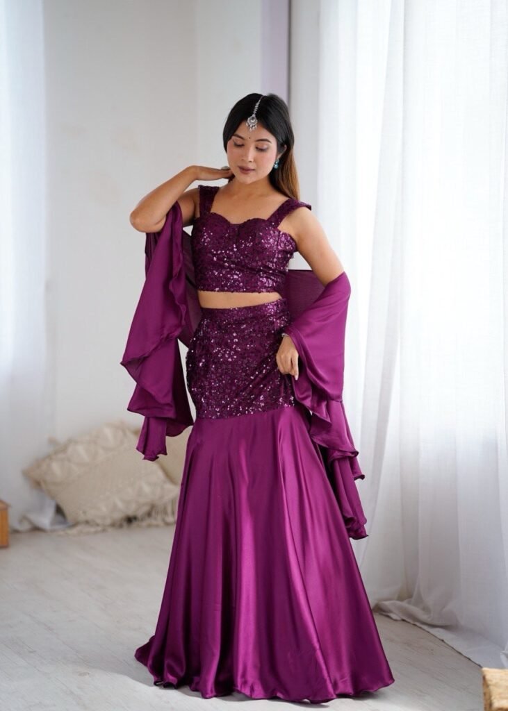 Wine purple net lehenga