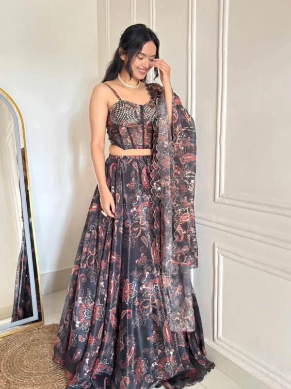 Black floral organza lehenga set