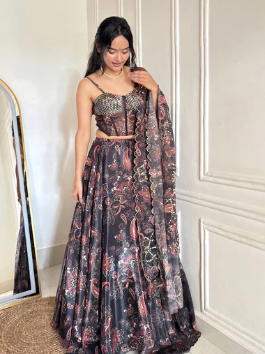 Black floral organza lehenga set - Image 2