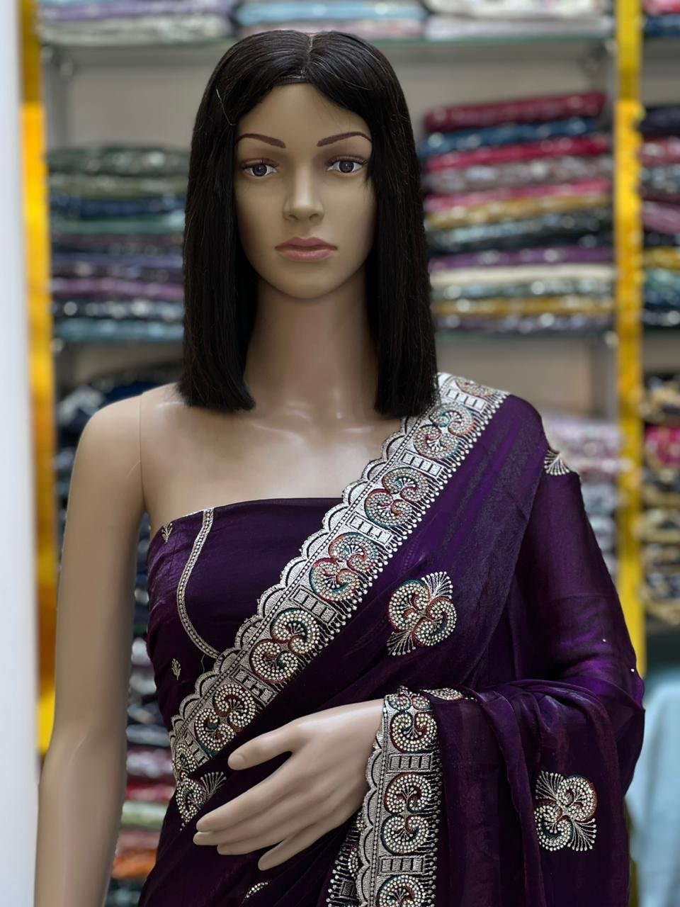 Embroidered Fandy satin silk sarees - Image 9