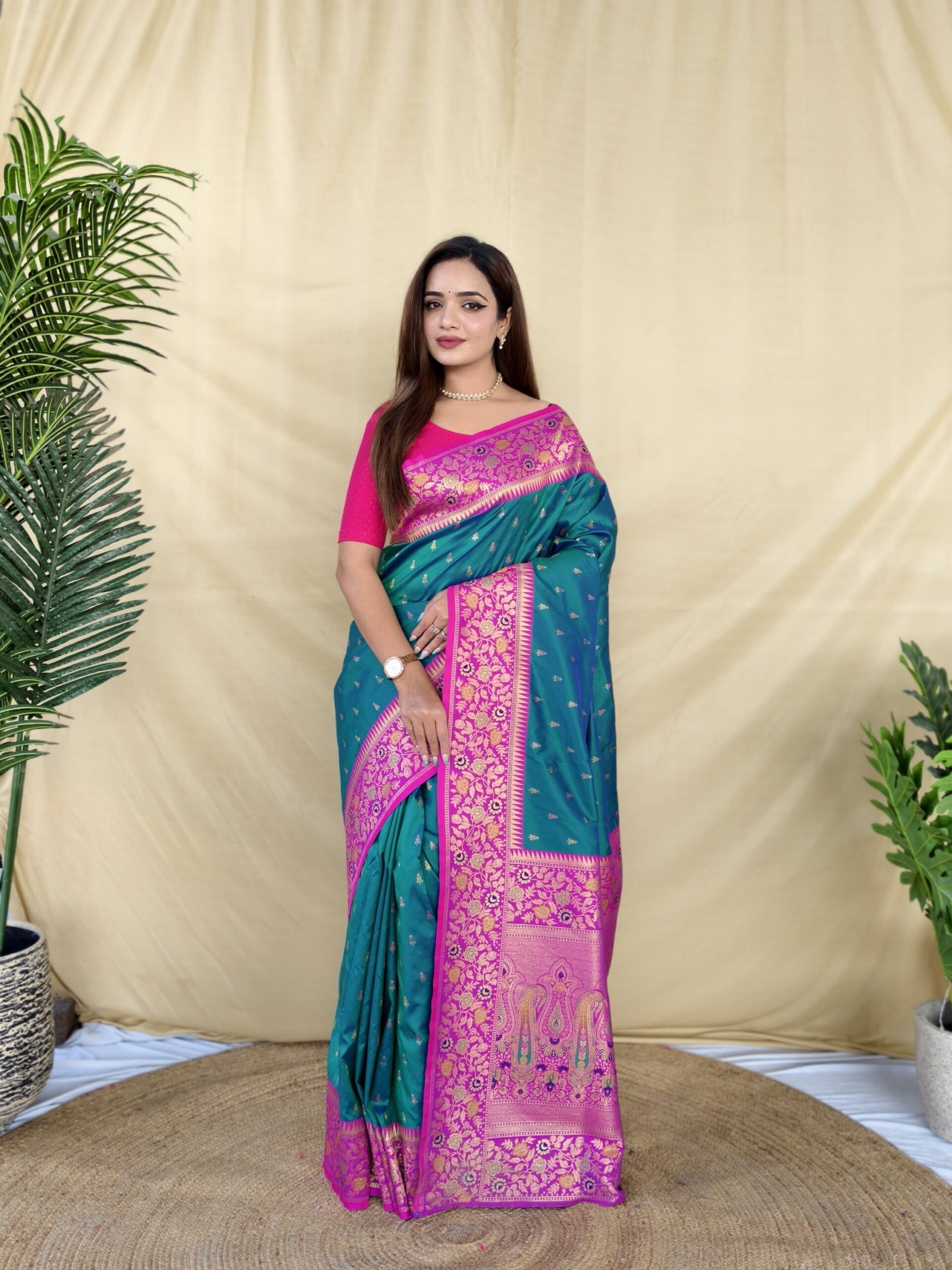 Teal Green Soft Silk Saree - Image 1