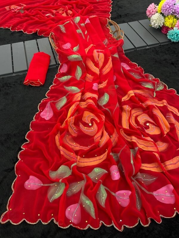 Red georgette saree - Image 3