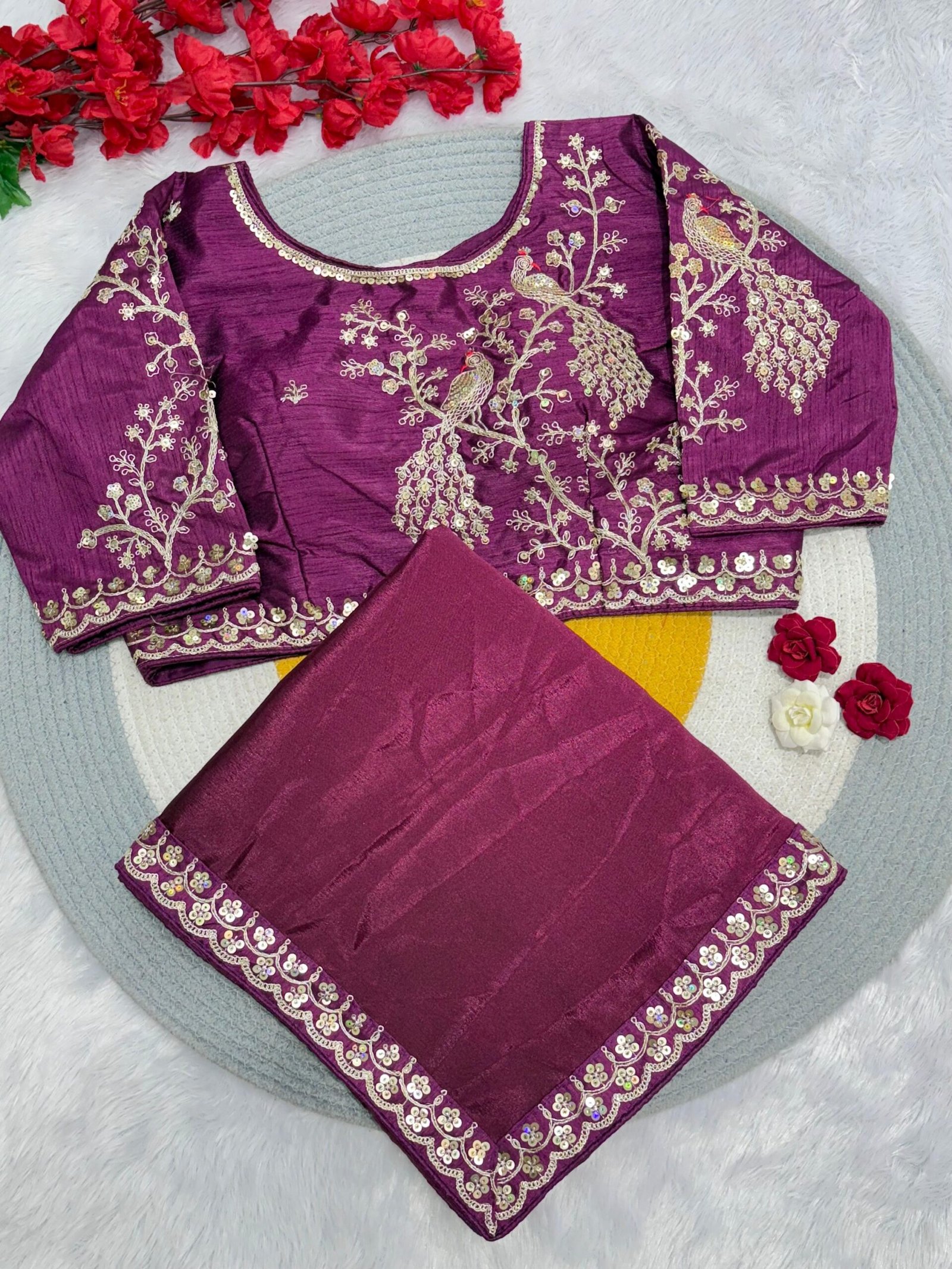 Dual shaded chinon silk saree with stitched blouse - Image 4