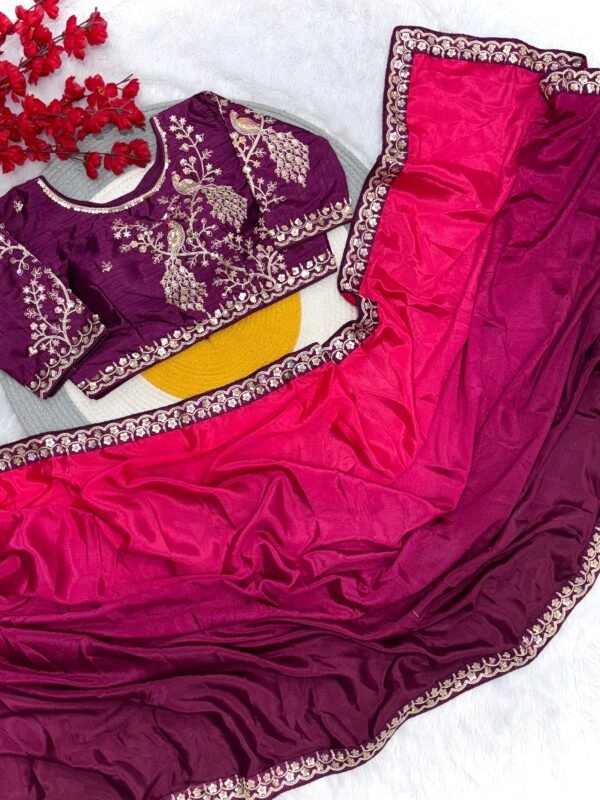 Dual shaded chinon silk saree with stitched blouse - Image 5