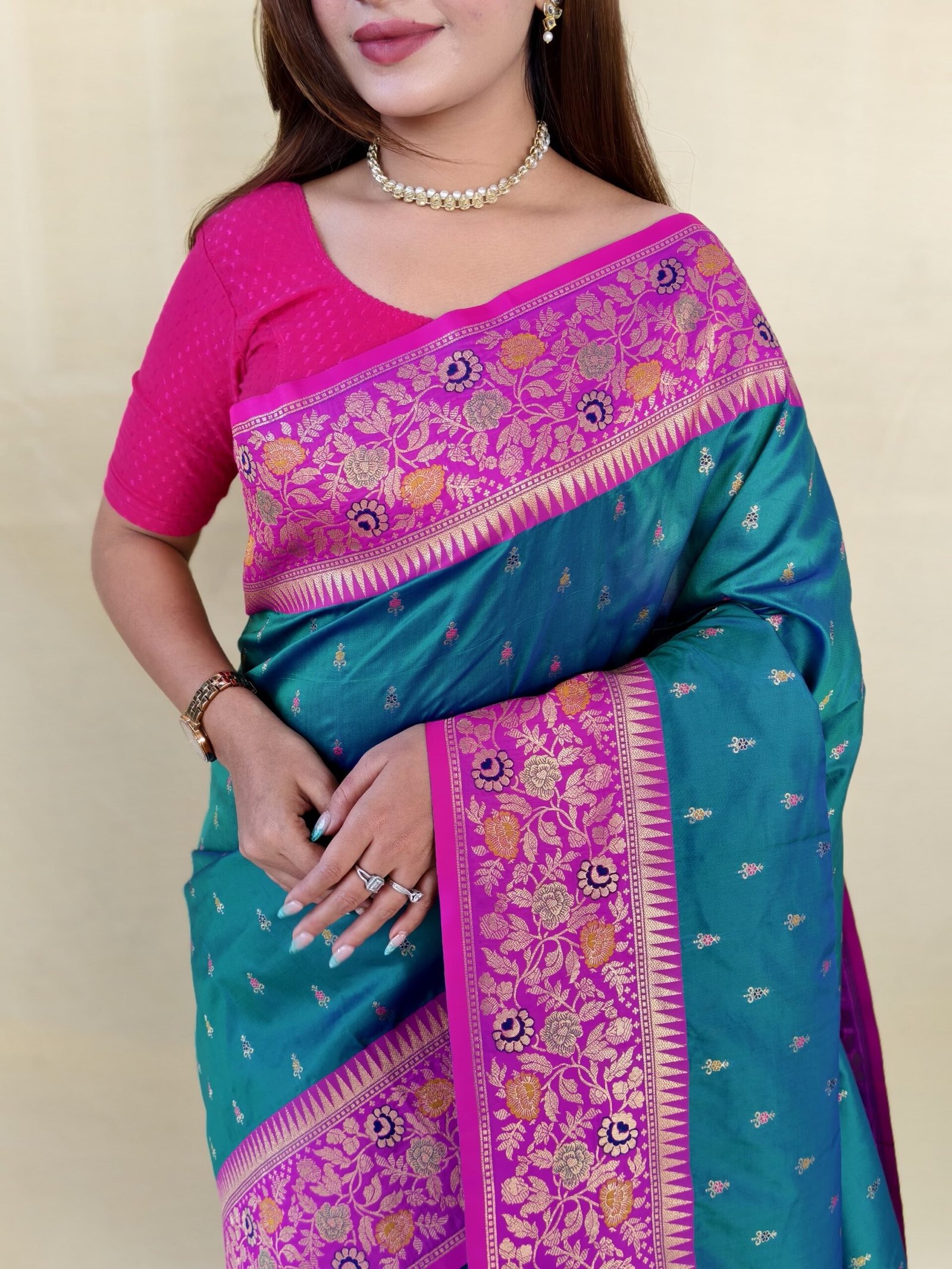 Teal Green Soft Silk Saree - Image 3