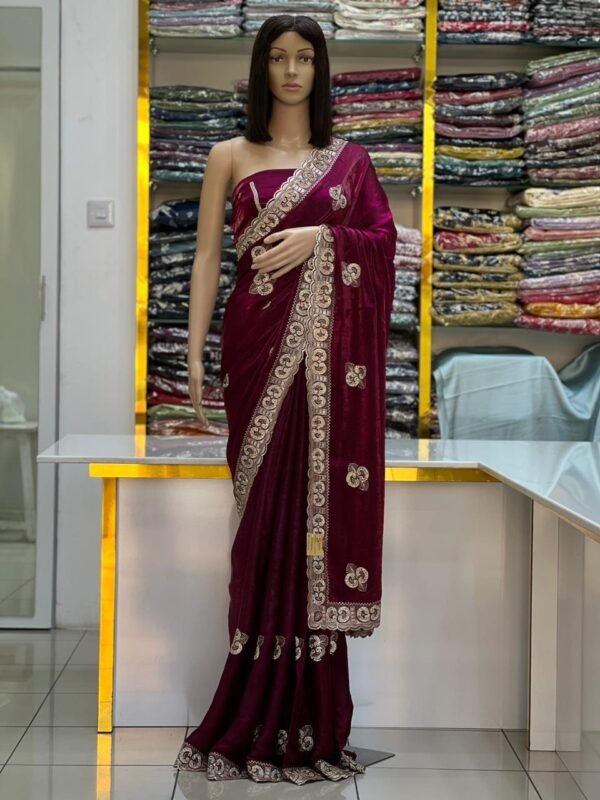 Embroidered Fandy satin silk sarees - Image 2