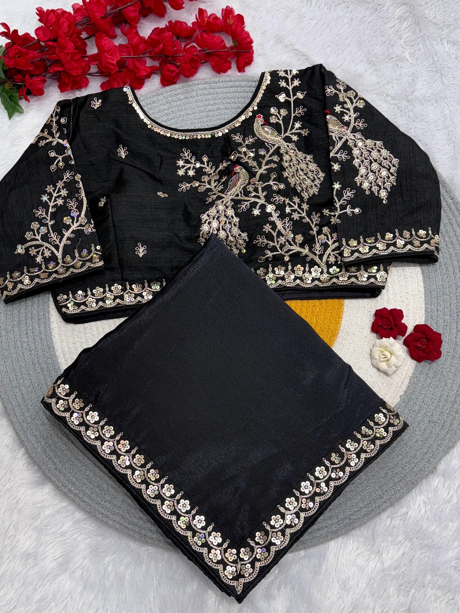 Dual shaded chinon silk saree with stitched blouse - Image 7