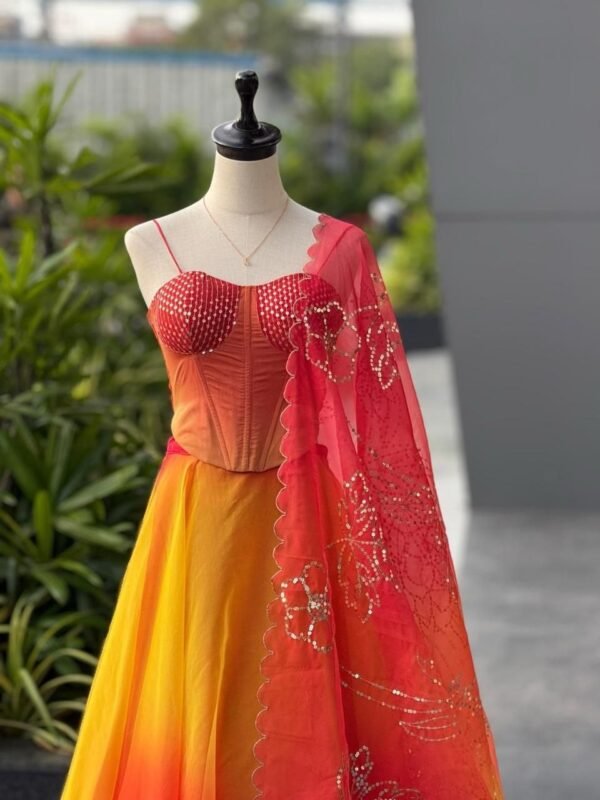 Dual shaded corset organza lehenga with batwa