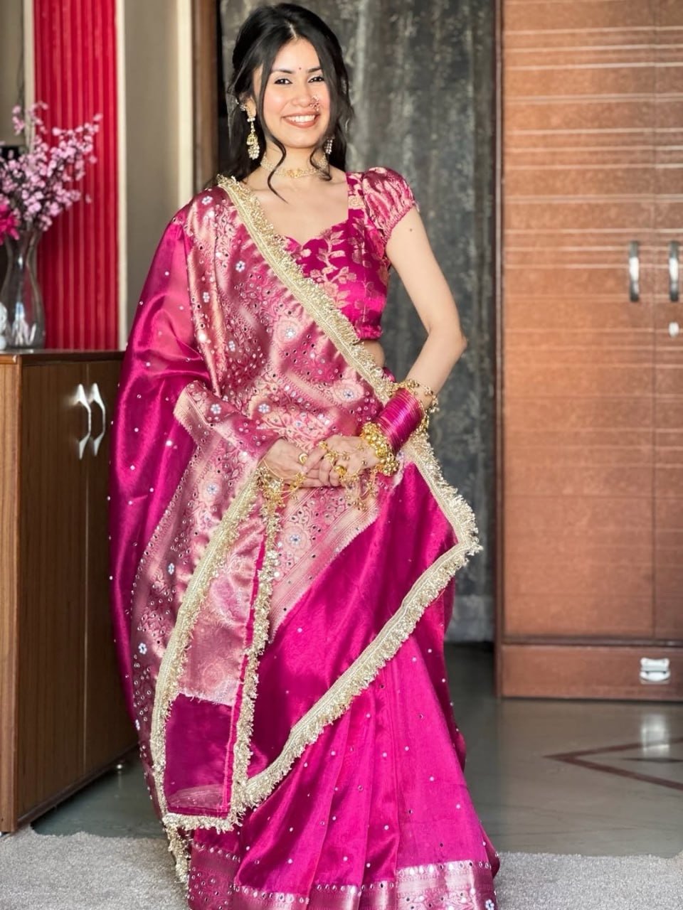 Bridal banarasi tissue silk mirror work saree - Image 6