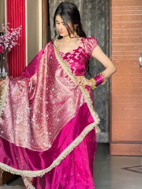 Bridal banarasi tissue silk mirror work saree - Image 7