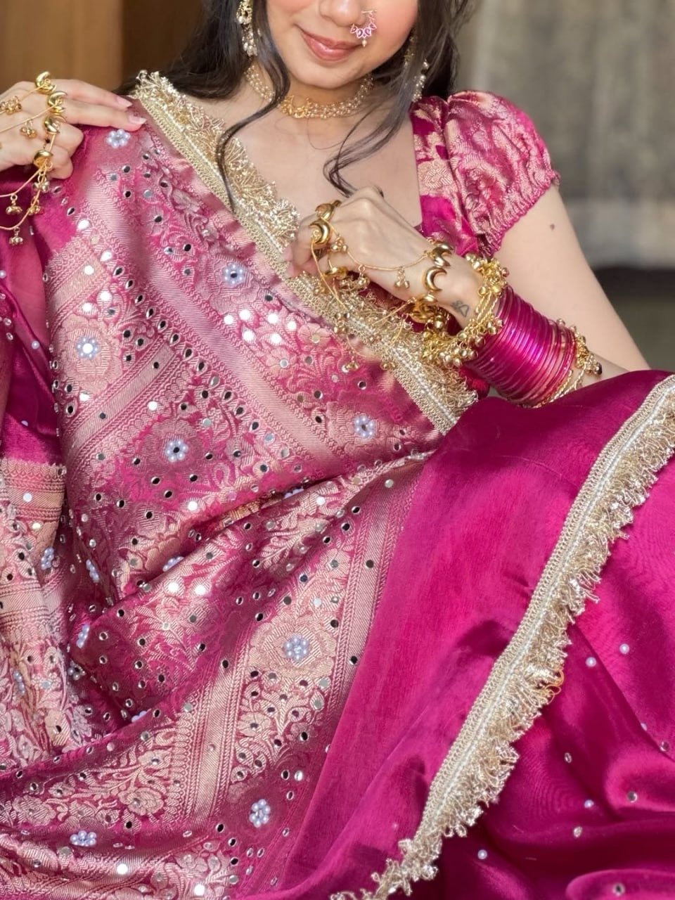Bridal banarasi tissue silk mirror work saree - Image 3
