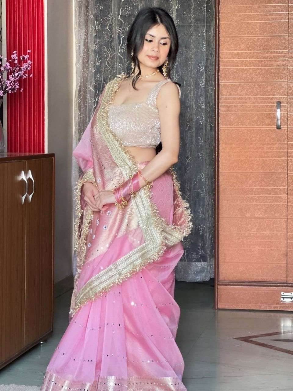 Banarasi kora silk sarees with pearl & mirror work - Image 7