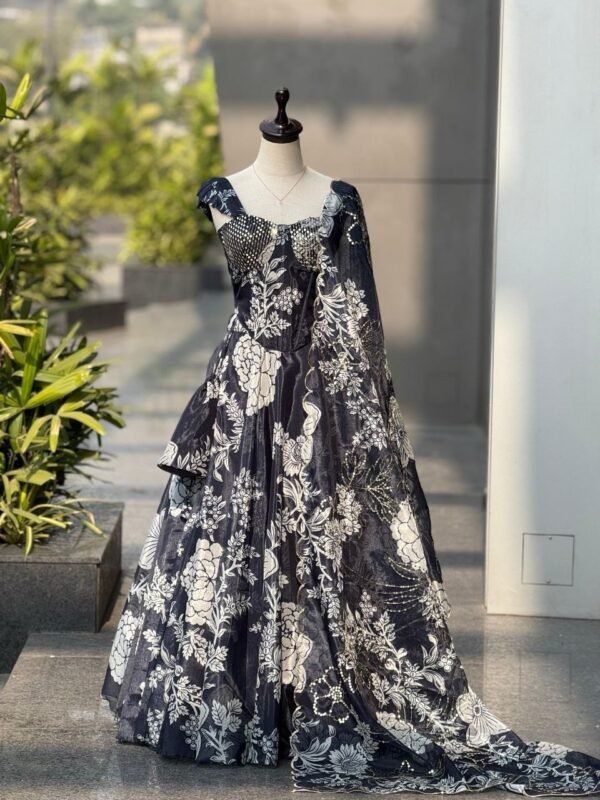 Organza lehenga set with batwa bag