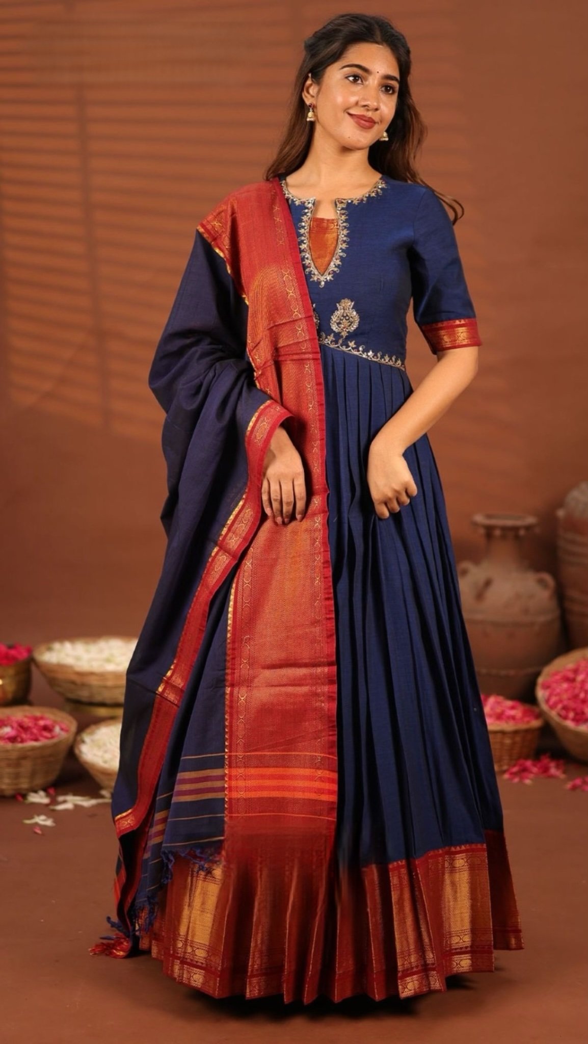 Sahikha Blue Anarkali Suit Set - Handloom Cotton Elegance - Image 1