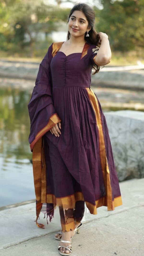 Handloom Wine Kurta Suit Set with Embroidery - Image 2