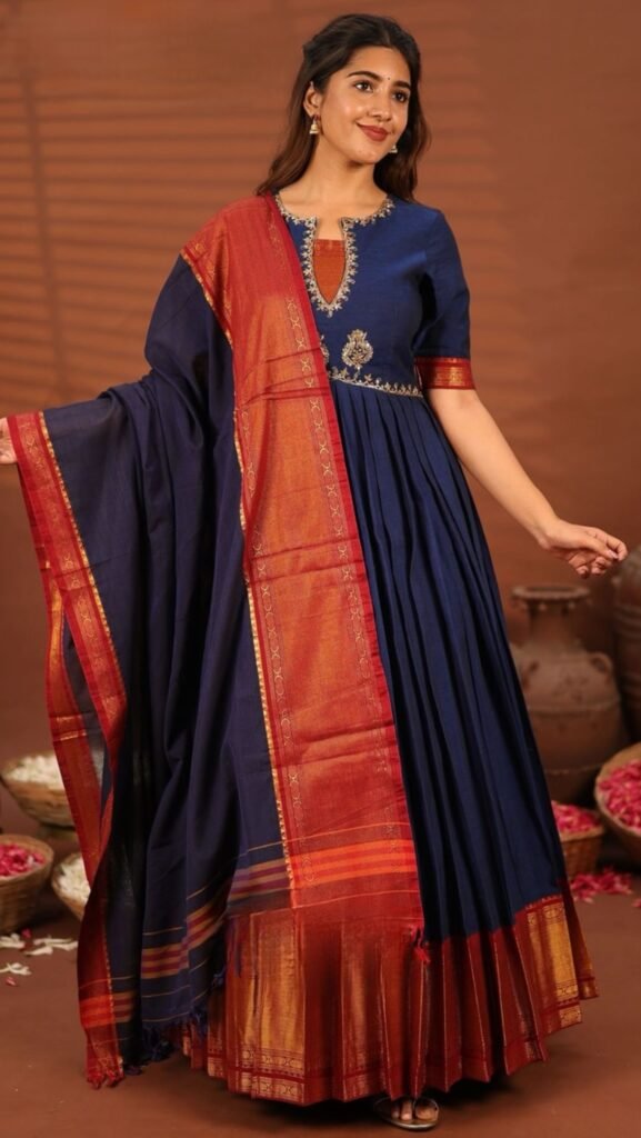 Sahikha Blue Anarkali Suit Set - Handloom Cotton Elegance