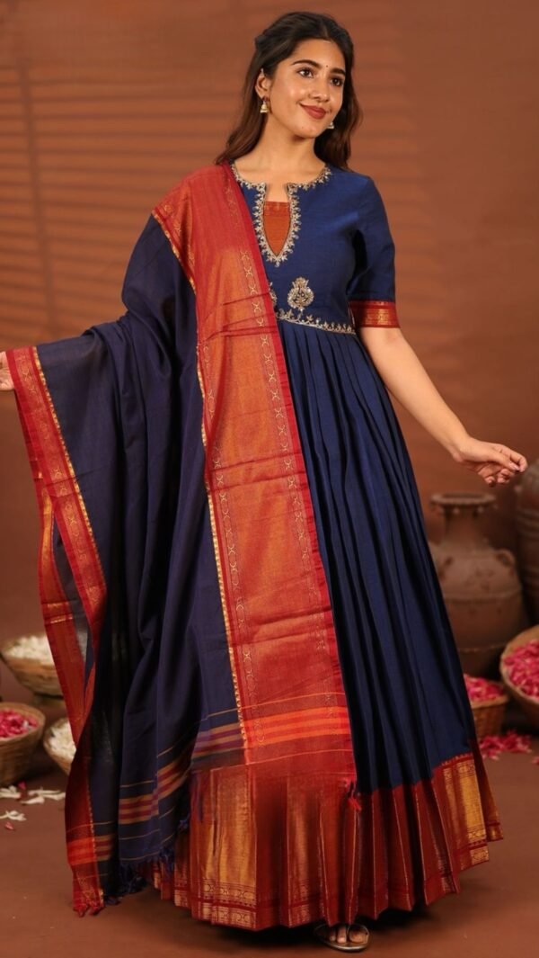 Sahikha Blue Anarkali Suit Set - Handloom Cotton Elegance - Image 2
