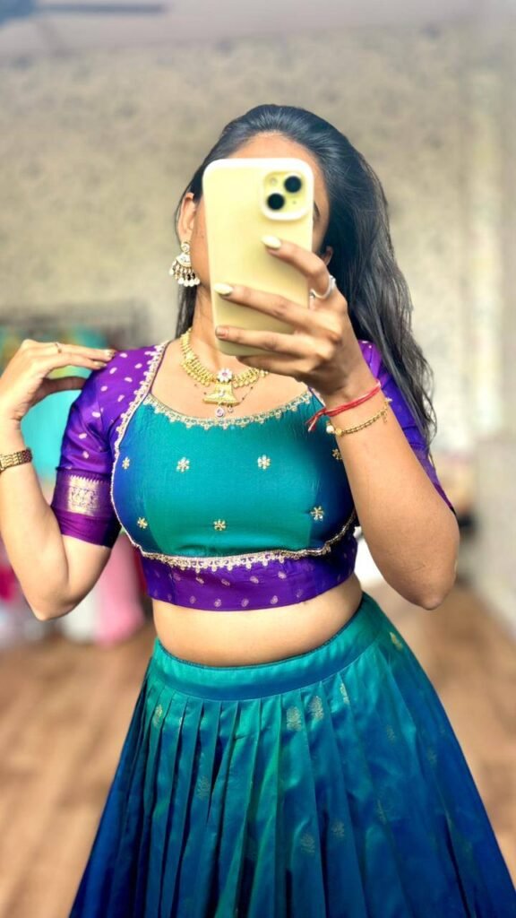 Emerald-green dual shade with purple border lehenga