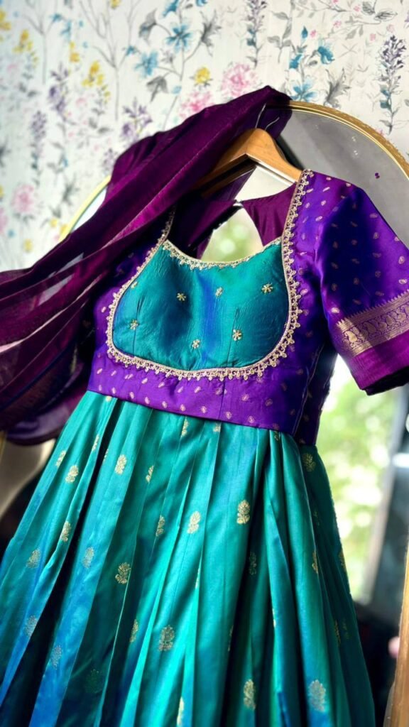 Emerald-green dual shade with purple border lehenga
