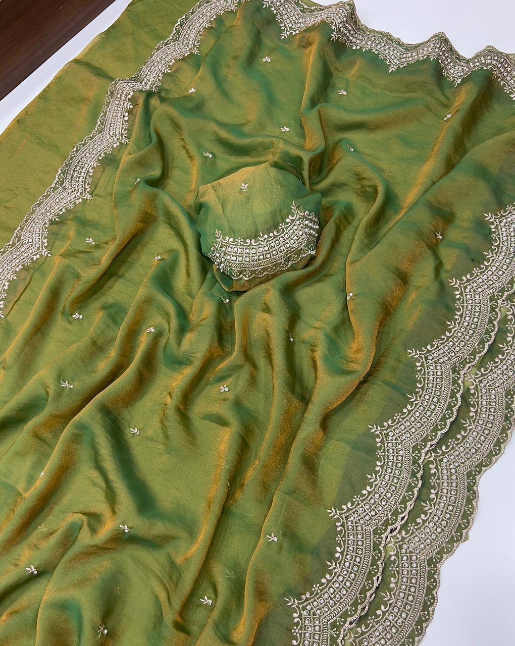 Dual shaded moss satin sarees - Image 5