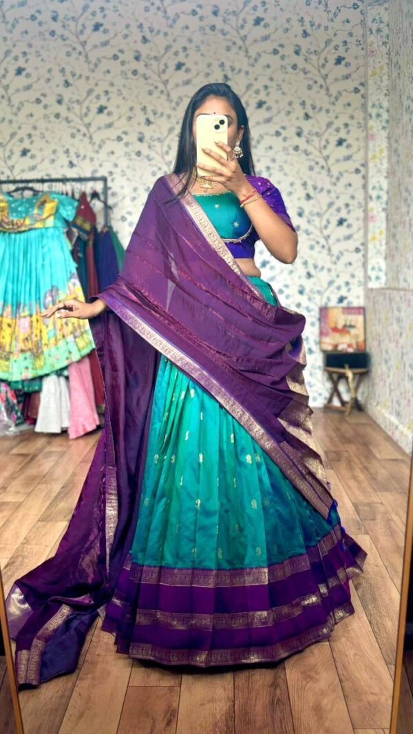 Emerald-green dual shade with purple border lehenga