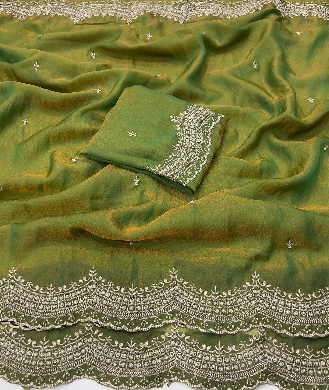 Dual shaded moss satin sarees - Image 6