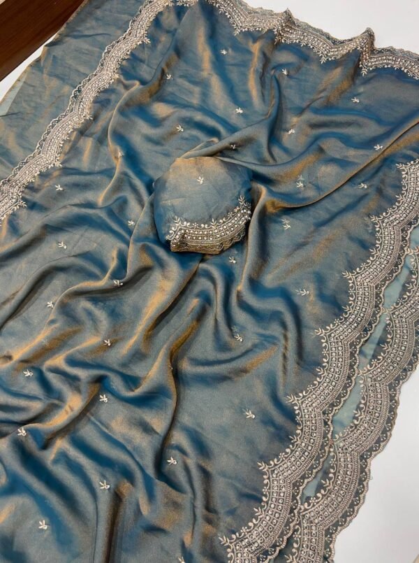 Dual shaded moss satin sarees - Image 7