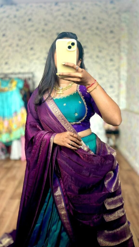 Emerald-green dual shade with purple border lehenga