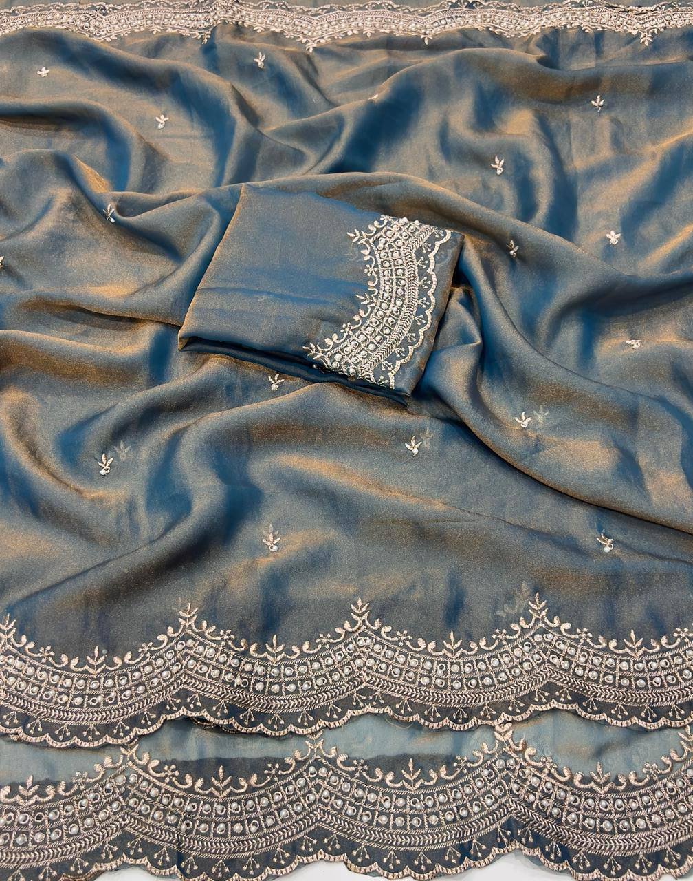 Dual shaded moss satin sarees - Image 8