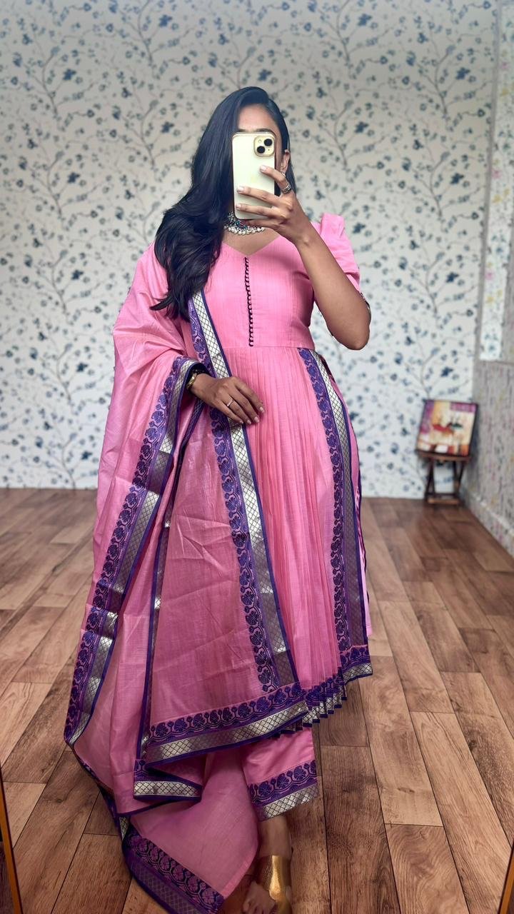 Iyla pink kanchi cotton suit - Image 1