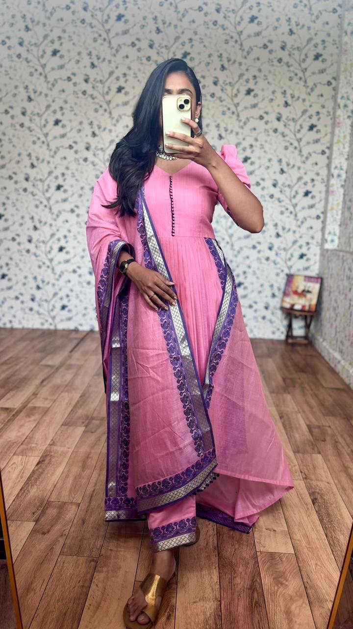 Iyla pink kanchi cotton suit - Image 3